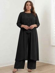 Chiffon Round Neck Floor-Length Plus Size Mother Of The Bride Pantsuits With Jacket & Applique
