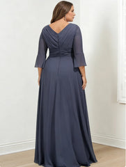 A Line Princess V Neck 3 4 Length Sleeves Asymmetrical Plus Size Mother Of The Bride Dresses With Ruffles