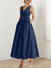 A Line Princess V Neck Sleeveless Ankle Length Mother Of The Bride Dresses With Pockets Ruffles