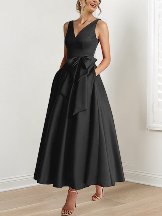 A Line Princess V Neck Sleeveless Ankle Length Mother Of The Bride Dresses With Pockets Ruffles
