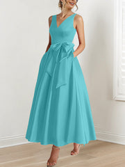 A Line Princess V Neck Sleeveless Ankle Length Mother Of The Bride Dresses With Pockets Ruffles