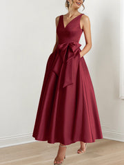 A Line Princess V Neck Sleeveless Ankle Length Mother Of The Bride Dresses With Pockets Ruffles