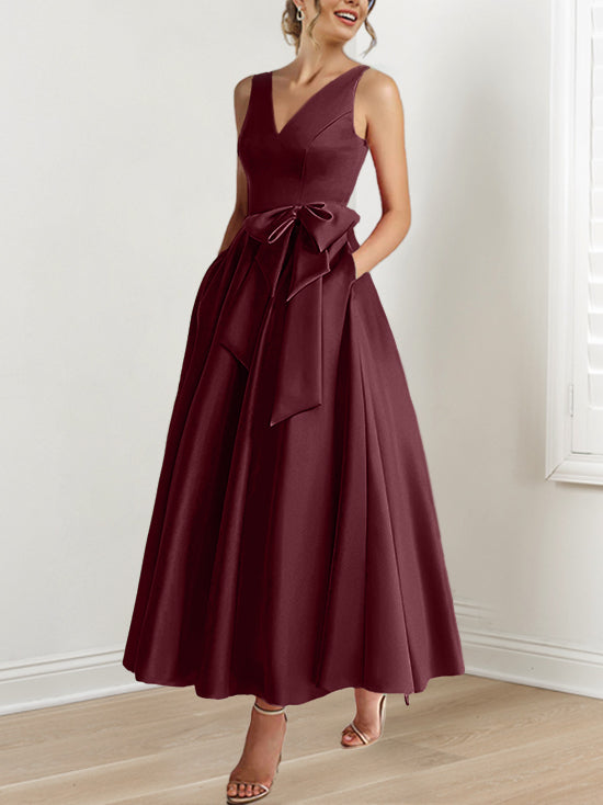 A Line Princess V Neck Sleeveless Ankle Length Mother Of The Bride Dresses With Pockets Ruffles