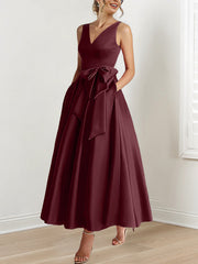 A Line Princess V Neck Sleeveless Ankle Length Mother Of The Bride Dresses With Pockets Ruffles