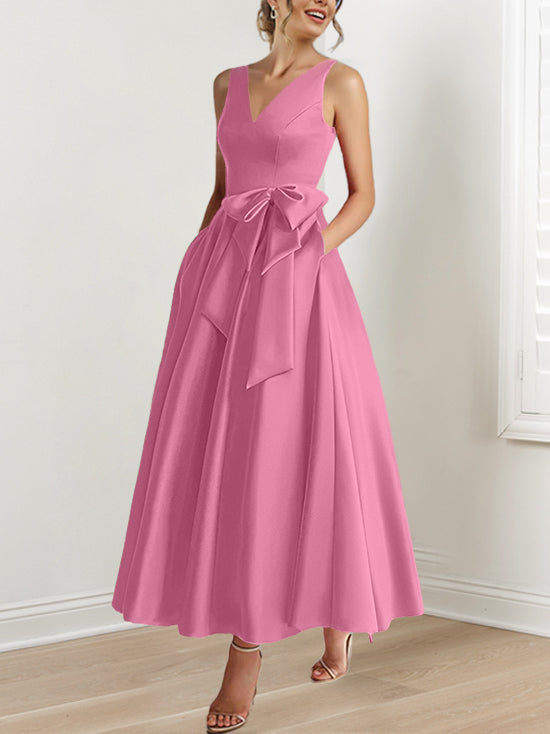 A Line Princess V Neck Sleeveless Ankle Length Mother Of The Bride Dresses With Pockets Ruffles