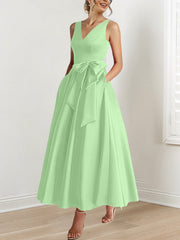 A Line Princess V Neck Sleeveless Ankle Length Mother Of The Bride Dresses With Pockets Ruffles