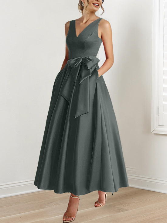 A Line Princess V Neck Sleeveless Ankle Length Mother Of The Bride Dresses With Pockets Ruffles