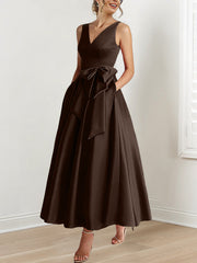 A Line Princess V Neck Sleeveless Ankle Length Mother Of The Bride Dresses With Pockets Ruffles