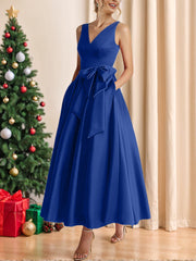 A Line Princess V Neck Sleeveless Ankle Length Mother Of The Bride Dresses With Pockets Ruffles