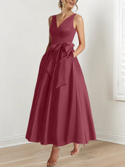 A Line Princess V Neck Sleeveless Ankle Length Mother Of The Bride Dresses With Pockets Ruffles