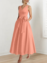 A Line Princess V Neck Sleeveless Ankle Length Mother Of The Bride Dresses With Pockets Ruffles