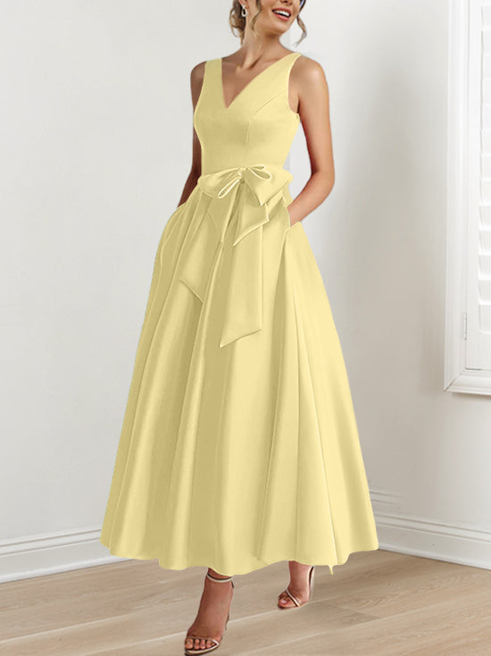 A Line Princess V Neck Sleeveless Ankle Length Mother Of The Bride Dresses With Pockets Ruffles