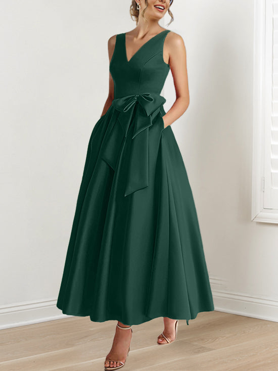A Line Princess V Neck Sleeveless Ankle Length Mother Of The Bride Dresses With Pockets Ruffles