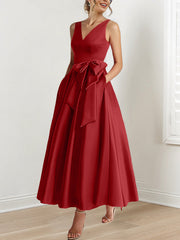 A Line Princess V Neck Sleeveless Ankle Length Mother Of The Bride Dresses With Pockets Ruffles