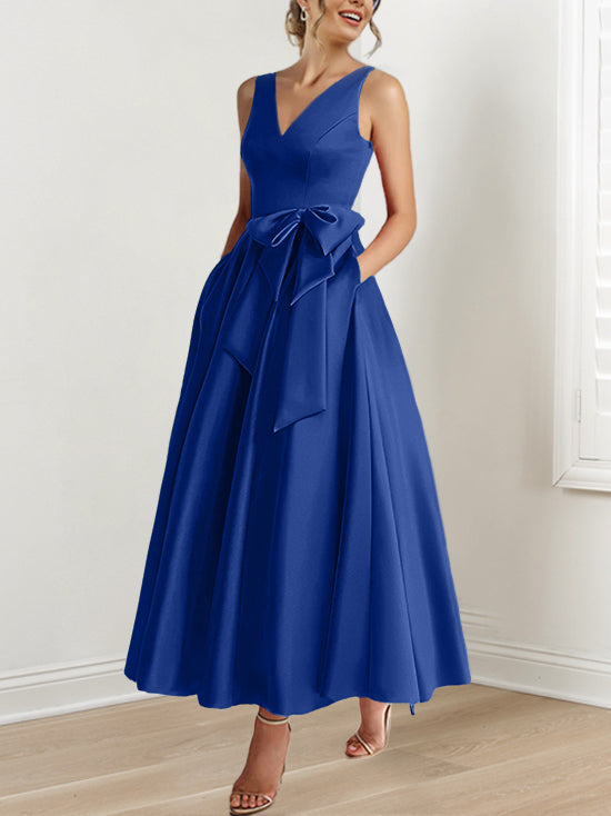 A Line Princess V Neck Sleeveless Ankle Length Mother Of The Bride Dresses With Pockets Ruffles