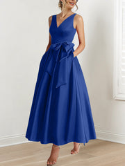 A Line Princess V Neck Sleeveless Ankle Length Mother Of The Bride Dresses With Pockets Ruffles