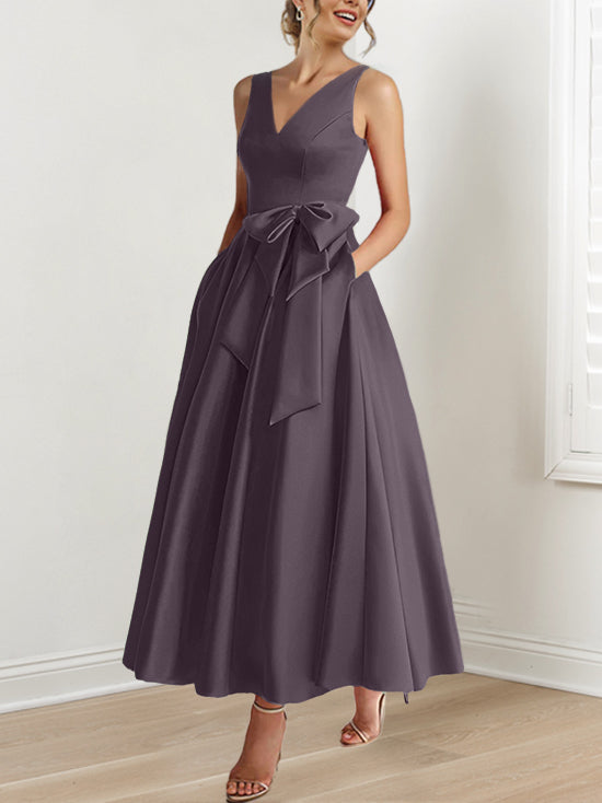 A Line Princess V Neck Sleeveless Ankle Length Mother Of The Bride Dresses With Pockets Ruffles