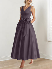 A Line Princess V Neck Sleeveless Ankle Length Mother Of The Bride Dresses With Pockets Ruffles
