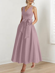 A Line Princess V Neck Sleeveless Ankle Length Mother Of The Bride Dresses With Pockets Ruffles