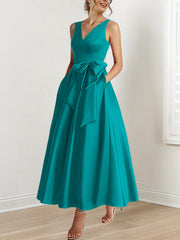 A Line Princess V Neck Sleeveless Ankle Length Mother Of The Bride Dresses With Pockets Ruffles