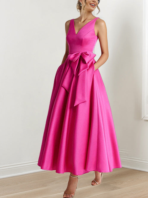 A Line Princess V Neck Sleeveless Ankle Length Mother Of The Bride Dresses With Pockets Ruffles