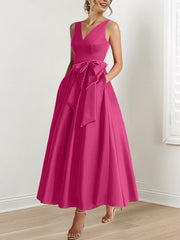 A Line Princess V Neck Sleeveless Ankle Length Mother Of The Bride Dresses With Pockets Ruffles