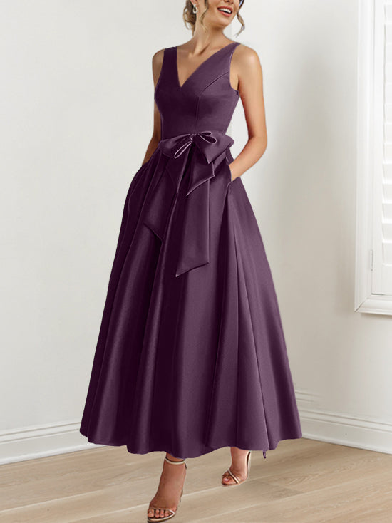 A Line Princess V Neck Sleeveless Ankle Length Mother Of The Bride Dresses With Pockets Ruffles
