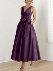 A Line Princess V Neck Sleeveless Ankle Length Mother Of The Bride Dresses With Pockets Ruffles