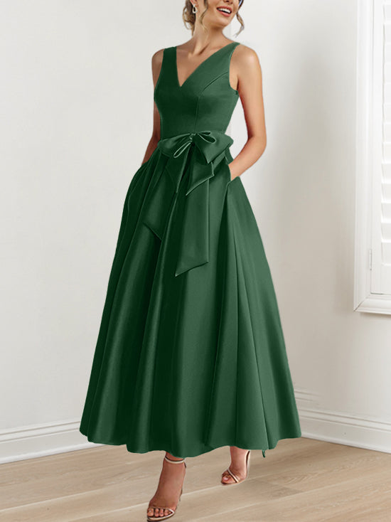 A Line Princess V Neck Sleeveless Ankle Length Mother Of The Bride Dresses With Pockets Ruffles