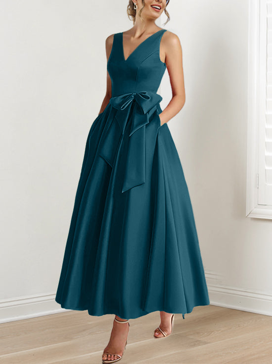 A Line Princess V Neck Sleeveless Ankle Length Mother Of The Bride Dresses With Pockets Ruffles