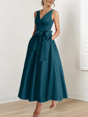 A Line Princess V Neck Sleeveless Ankle Length Mother Of The Bride Dresses With Pockets Ruffles