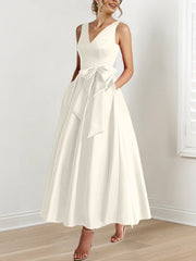 A Line Princess V Neck Sleeveless Ankle Length Mother Of The Bride Dresses With Pockets Ruffles
