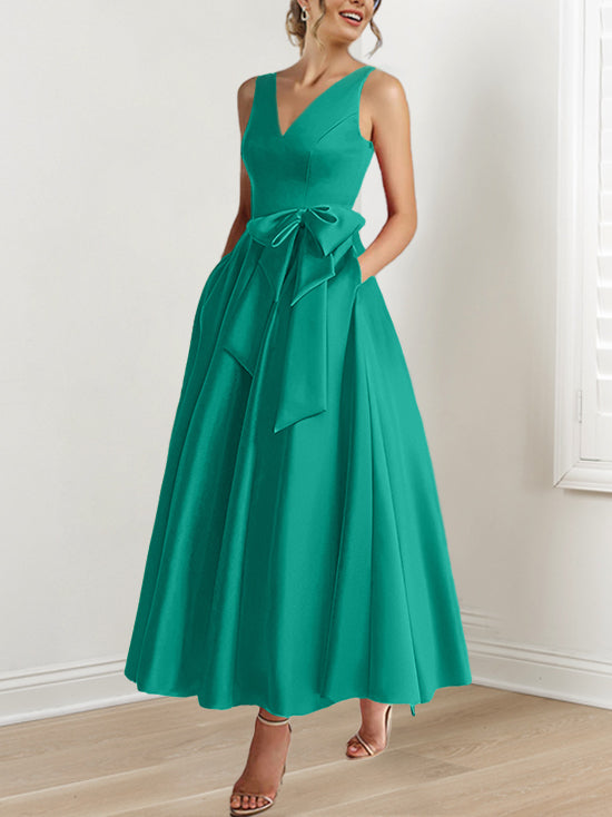 A Line Princess V Neck Sleeveless Ankle Length Mother Of The Bride Dresses With Pockets Ruffles