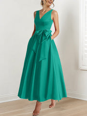 A Line Princess V Neck Sleeveless Ankle Length Mother Of The Bride Dresses With Pockets Ruffles