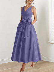 A Line Princess V Neck Sleeveless Ankle Length Mother Of The Bride Dresses With Pockets Ruffles
