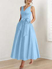A Line Princess V Neck Sleeveless Ankle Length Mother Of The Bride Dresses With Pockets Ruffles