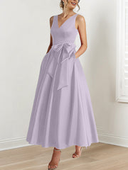 A Line Princess V Neck Sleeveless Ankle Length Mother Of The Bride Dresses With Pockets Ruffles