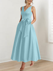 A Line Princess V Neck Sleeveless Ankle Length Mother Of The Bride Dresses With Pockets Ruffles