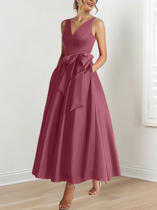 A Line Princess V Neck Sleeveless Ankle Length Mother Of The Bride Dresses With Pockets Ruffles