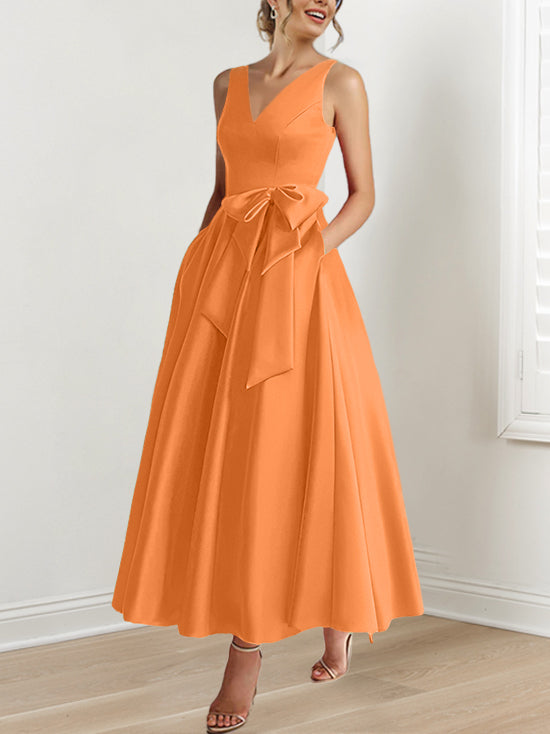 A Line Princess V Neck Sleeveless Ankle Length Mother Of The Bride Dresses With Pockets Ruffles
