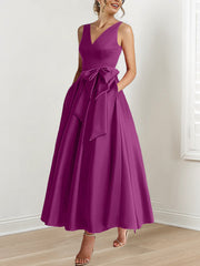 A Line Princess V Neck Sleeveless Ankle Length Mother Of The Bride Dresses With Pockets Ruffles