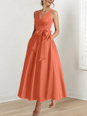 A Line Princess V Neck Sleeveless Ankle Length Mother Of The Bride Dresses With Pockets Ruffles