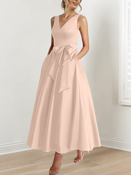 A Line Princess V Neck Sleeveless Ankle Length Mother Of The Bride Dresses With Pockets Ruffles