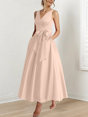 A Line Princess V Neck Sleeveless Ankle Length Mother Of The Bride Dresses With Pockets Ruffles