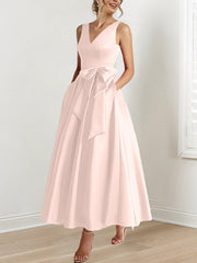 A Line Princess V Neck Sleeveless Ankle Length Mother Of The Bride Dresses With Pockets Ruffles