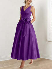 A Line Princess V Neck Sleeveless Ankle Length Mother Of The Bride Dresses With Pockets Ruffles