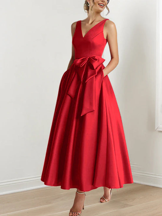 A Line Princess V Neck Sleeveless Ankle Length Mother Of The Bride Dresses With Pockets Ruffles