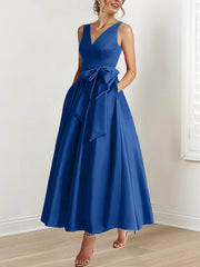 A Line Princess V Neck Sleeveless Ankle Length Mother Of The Bride Dresses With Pockets Ruffles