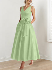 A-Line/Princess V-Neck Sleeveless Ankle-Length Mother of the Bride Dresses with Pockets & Ruffles