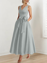 A Line Princess V Neck Sleeveless Ankle Length Mother Of The Bride Dresses With Pockets Ruffles